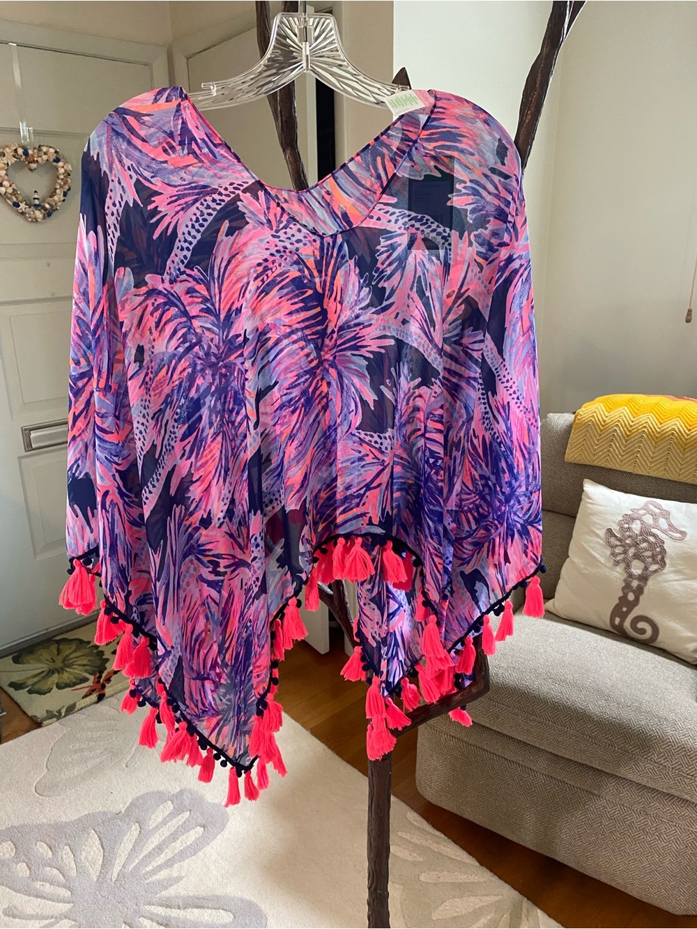 Lily Pulitzer Vibrant Blue Pink & Purple Tropical Tassel Poncho NWT Size 1SZ